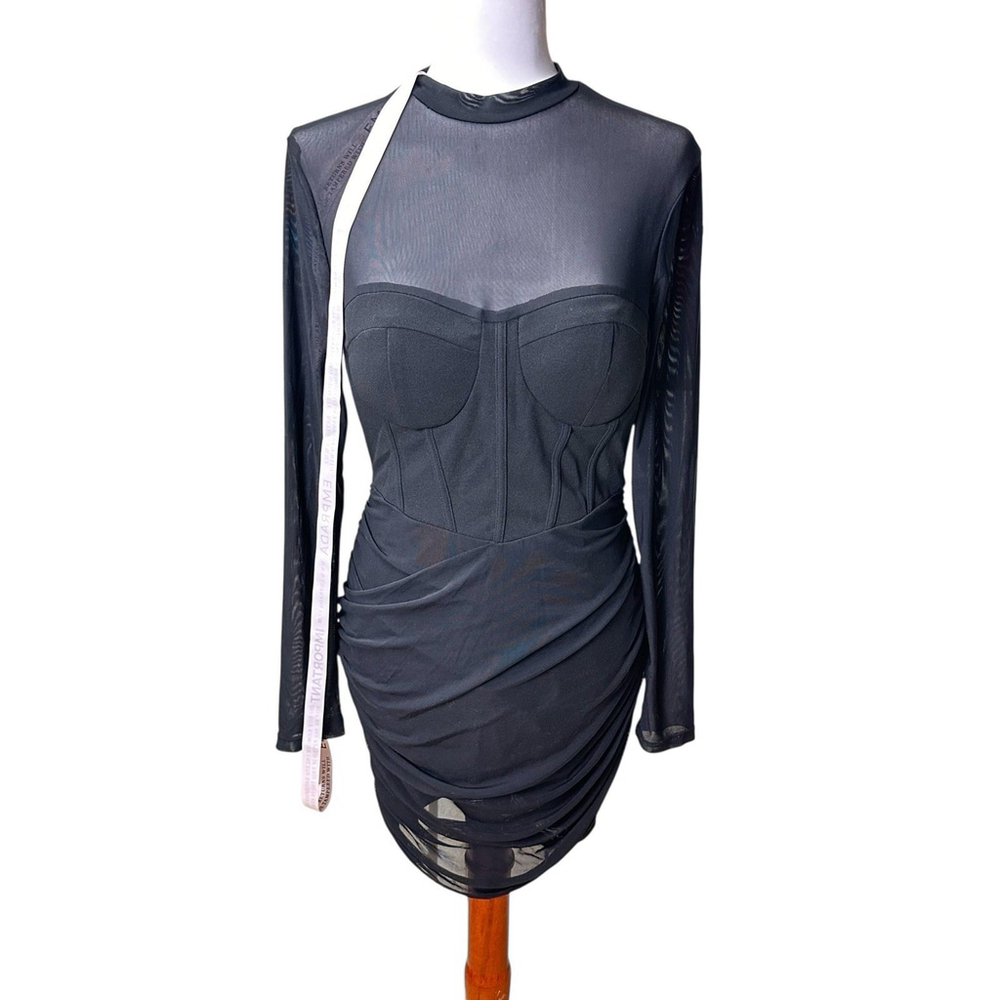 Emprada NWT Large Black Long Sleeve Mini Bodycon Dress Mesh Stretch Ruched Party